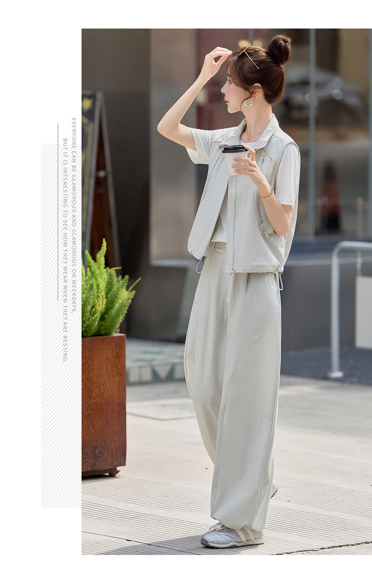 Bộ ba mảnh nữ gồm áo thun cổ tròn, áo vest cổ đứng và quần ống rộng phối đồ thanh lịch — màu xanh nhạt, màu xanh đậu chi tiết 20
