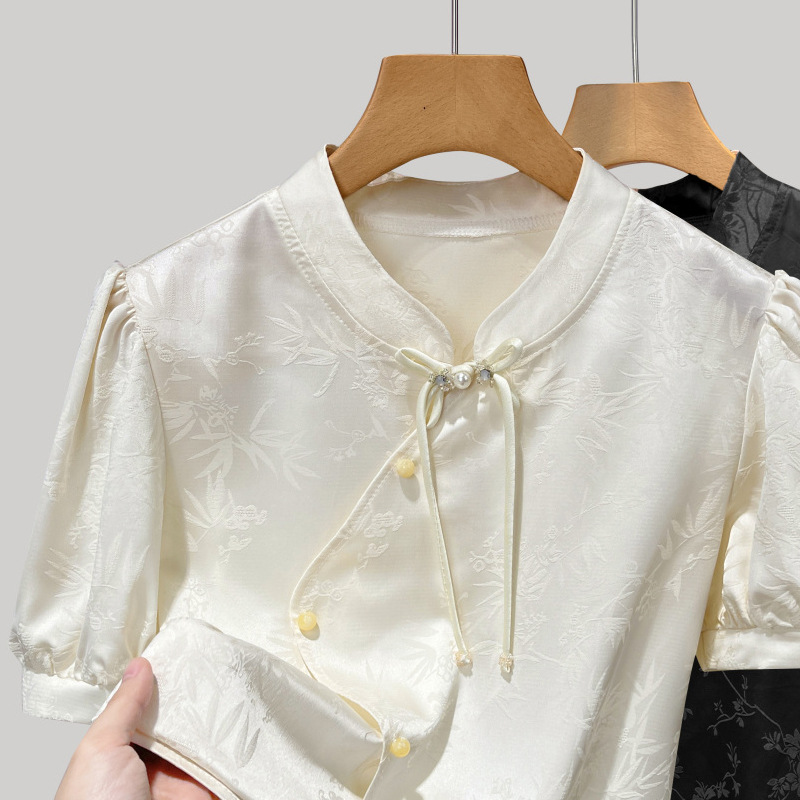 Camisas de manga corta de satén para mujeres verano 2024 nuevo estilo de estilo nacional temperamento de mujer alta sensación de nuevo estilo chino collar top image 5