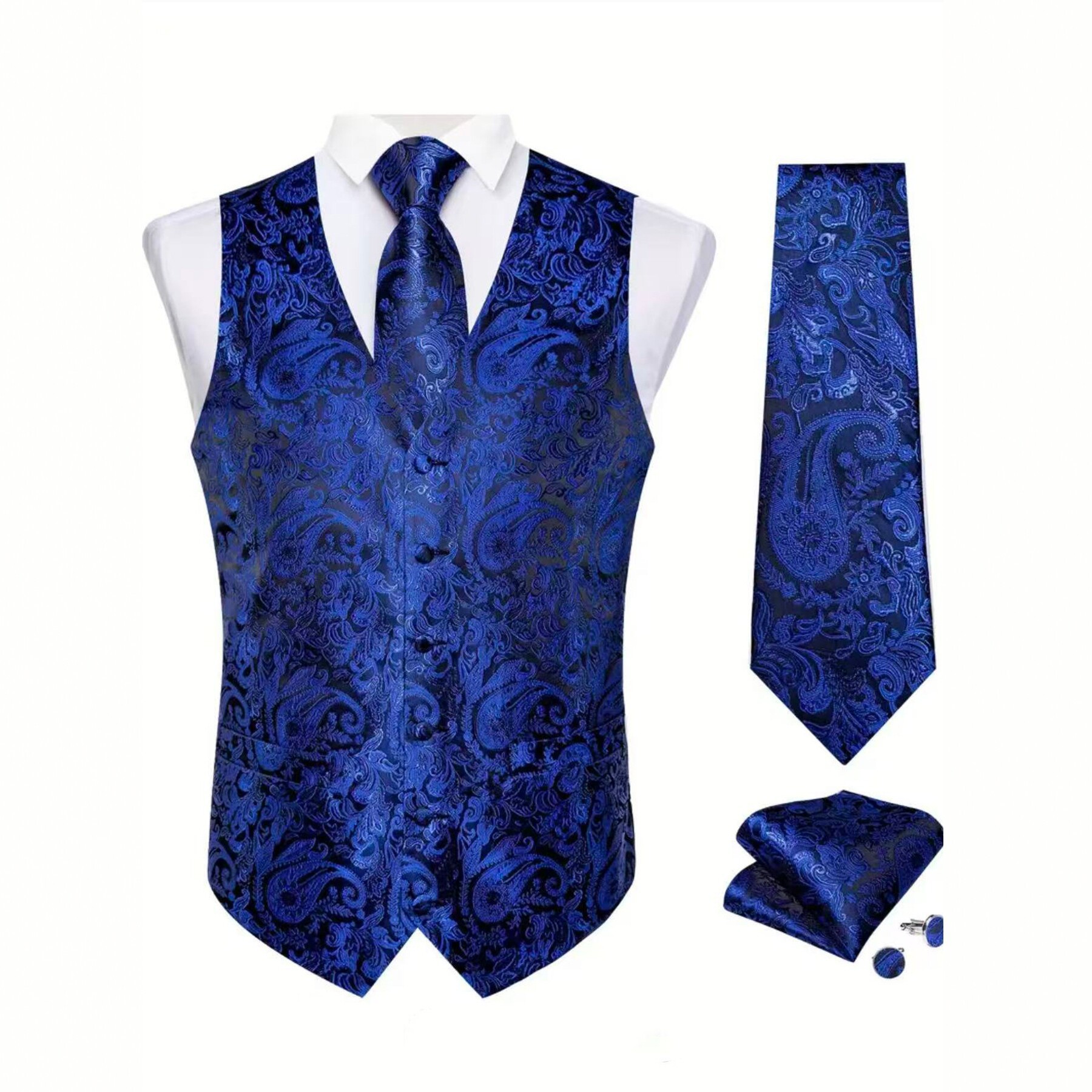 Men's Paisley Print Waistcoat Vest & Tie Set With Pocket Square | Elegant Slim-Fit Formal Casual Matching Set_voghion.com