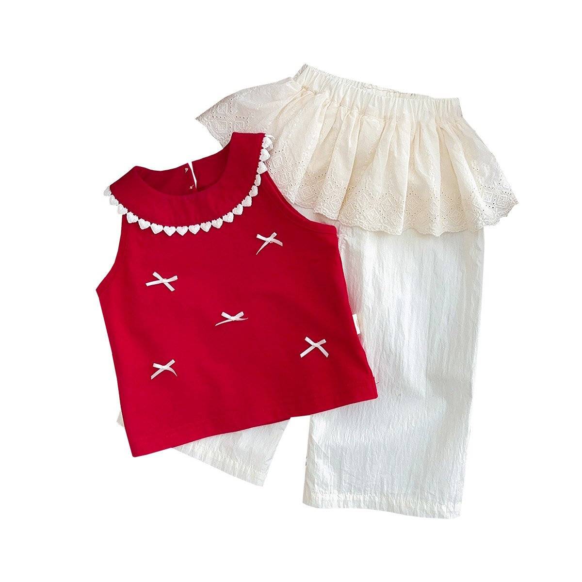 Verano para niñas estilo occidental estilo occidental todo-fósforo encaje pedo cortina falda pantalones bebé color sólido lazo chaleco top traje de dos piezas