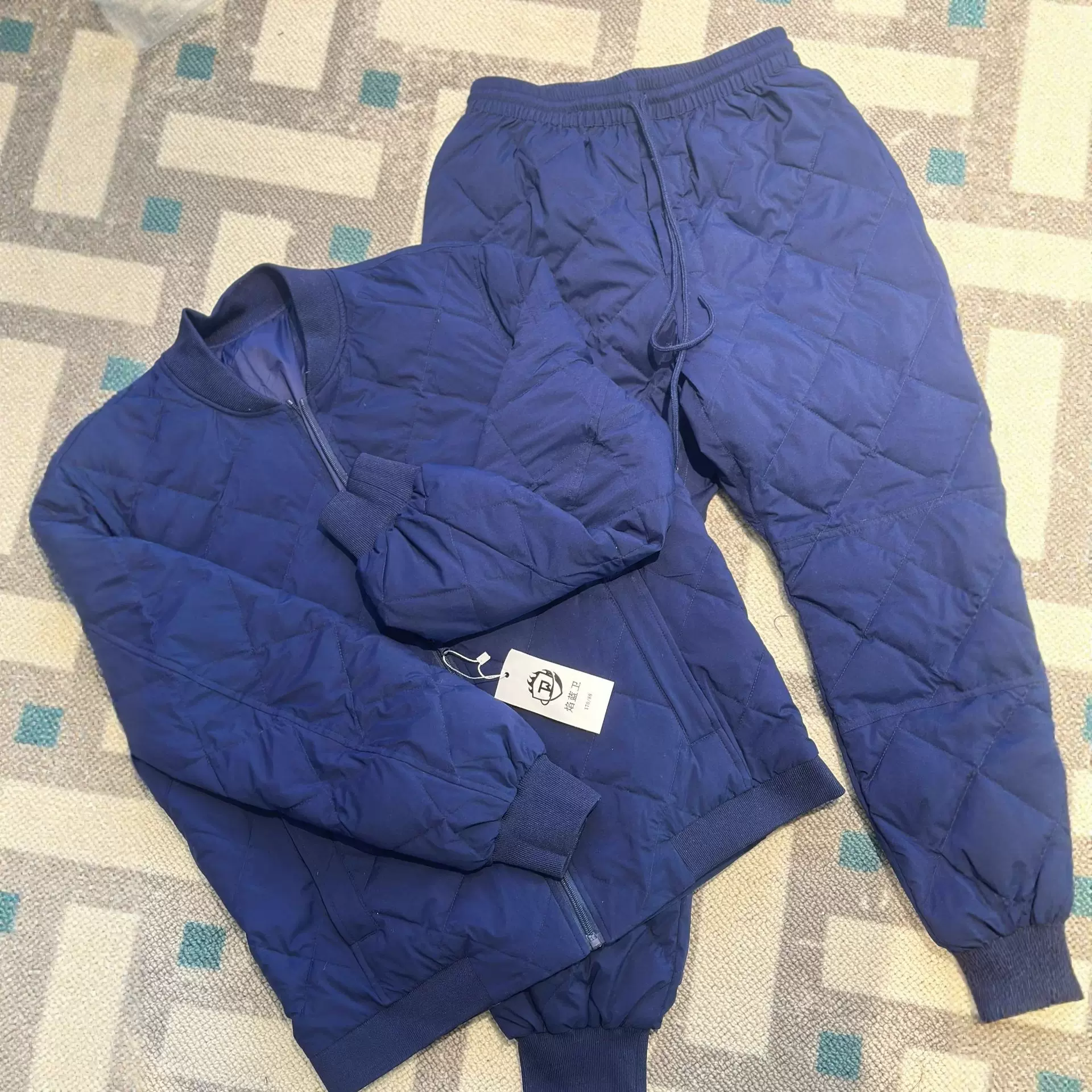 消防火焰蓝羽绒服套装冬季轻薄保暖防寒长袖长裤两件套巡逻执勤