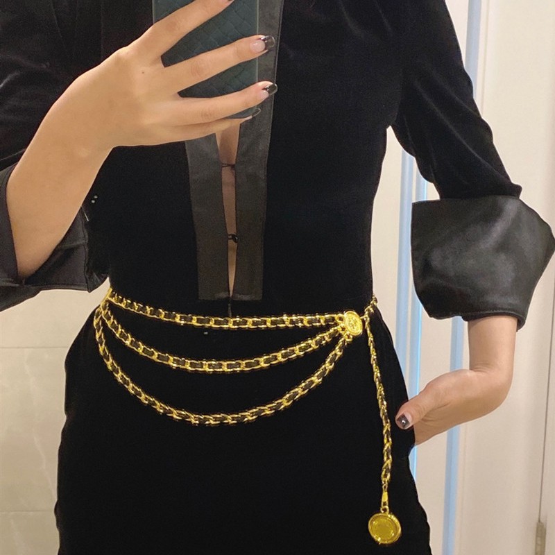 Zhonggu vintage ajustable chapado en oro cinturón cuero de tres capas cadena Cadena de cintura de alta gama vestido redondo colgante Accesorios
