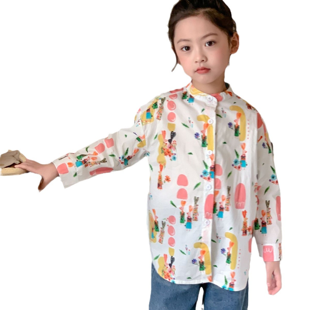 Camisa de graffiti divertida para niños collar de pie para Niñas Ropa para niños 2024 primavera bebé niña de dibujos animados impresa camisa de manga larga ropa de diseño