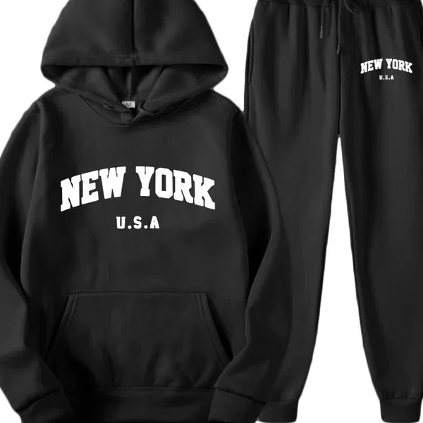 Cross-Border Foreign Trade Winter Fleece-Lined Thickened Men's Casual Hooded Sweatshirt Set Men's Hooded Set