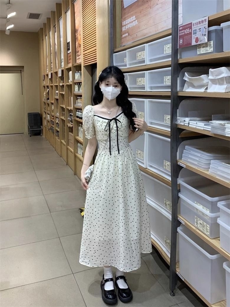 Váy maxi nữ chấm bi phong cách Pháp cổ điển, tay bồng, thắt eo, dài qua gối — Ưu tiên giao hàng tại cửa hàng chi tiết 10