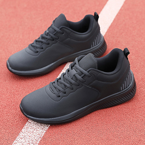 Spring and Autumn Leather Surface Men's Sports Shoes Lightweight Waterproof Travel Shoes Men's All Black Slip-Resistant Daily Casual Running Shoes