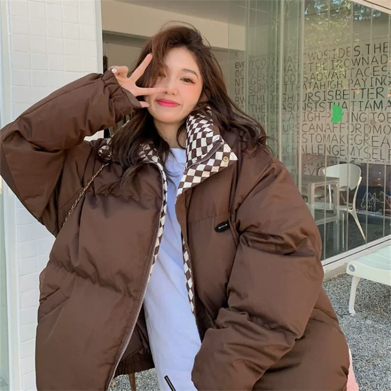 Jacket (Chess) Oversize Puffer, Winter Coat with Checkerboard Lining, Trendy Bread Style