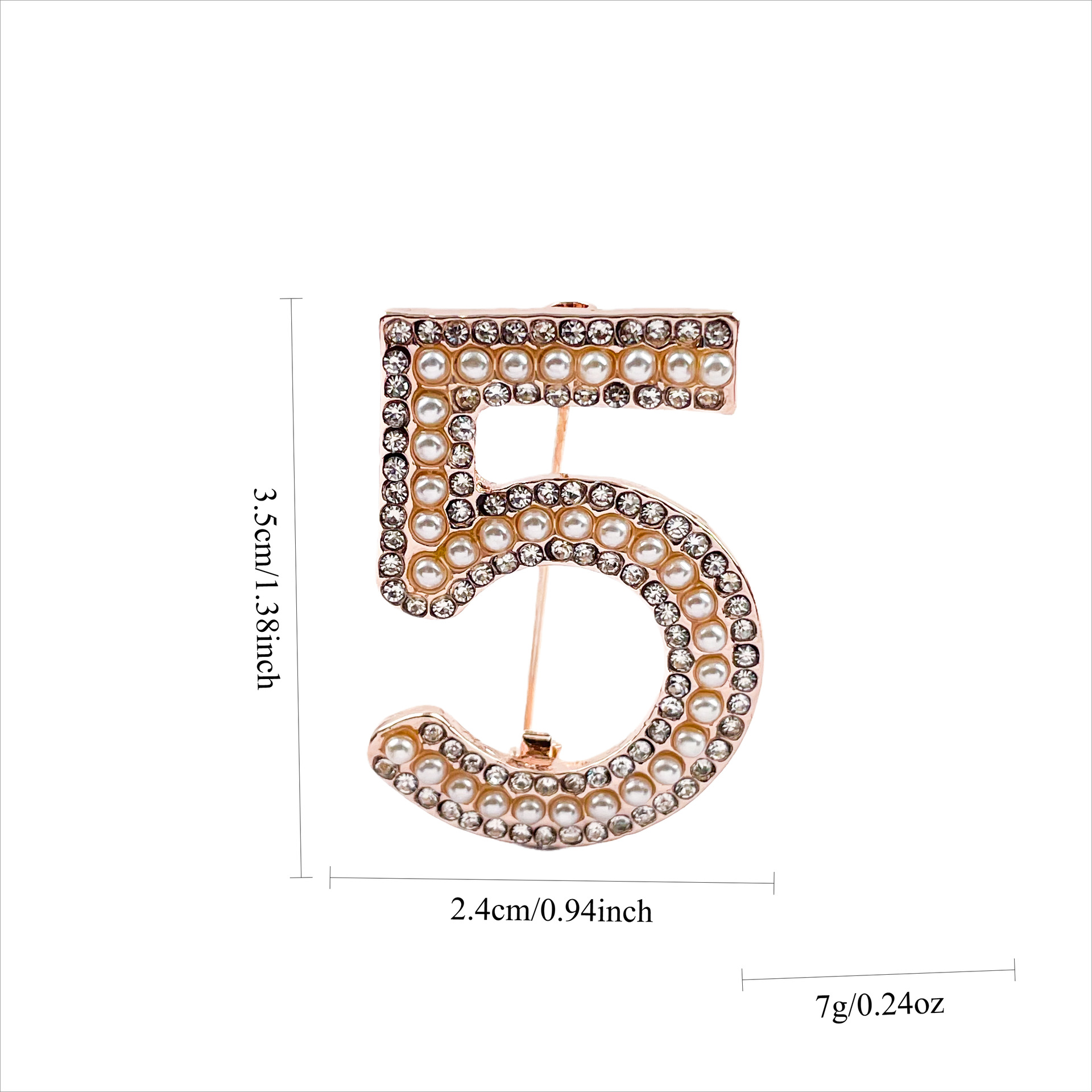 Cross-Border New Hot-Selling Korean-Style Number 5 Rhinestone Brooch, Fashionable Women's Clothing Accessory Brooch