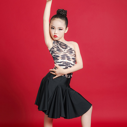 Girls leopard one shoulder latin dance dresses for kids children latin dance costumes for children