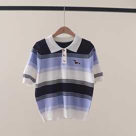 夏季新款学院风紫色拼色条纹POLO领小狗刺绣短袖套头针织T恤上衣