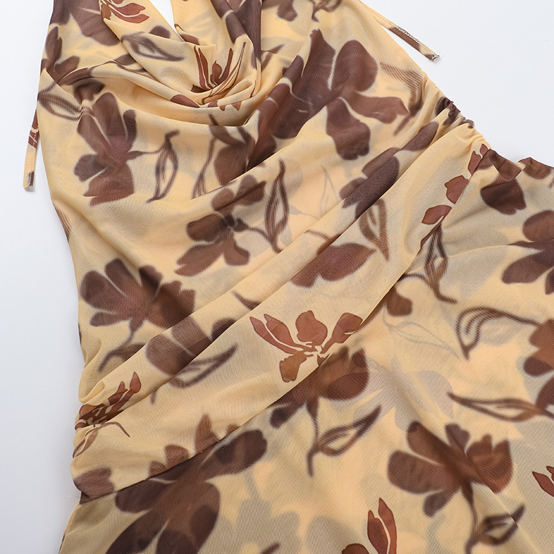 Sexy Pockets Collar Halter Backless Printed Dress Women Vacation Sexy Dress