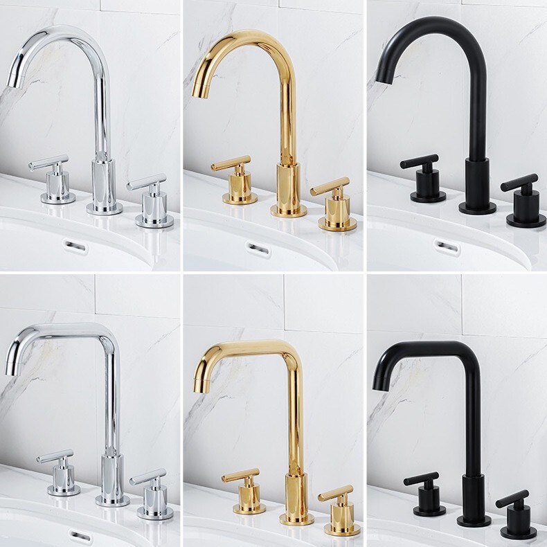 Brushed gold color 2 handle brass bathtub faucet 3 hole desktop installation 360 degree rotating water outlet