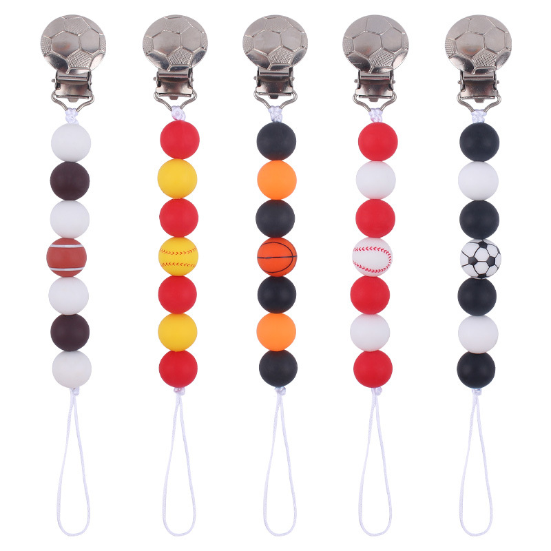 Nuevos suministros para bebés Cadena de chupete de silicona calmante bebé DIY silicona fútbol impreso Cadena de chupete cadena anti-gota