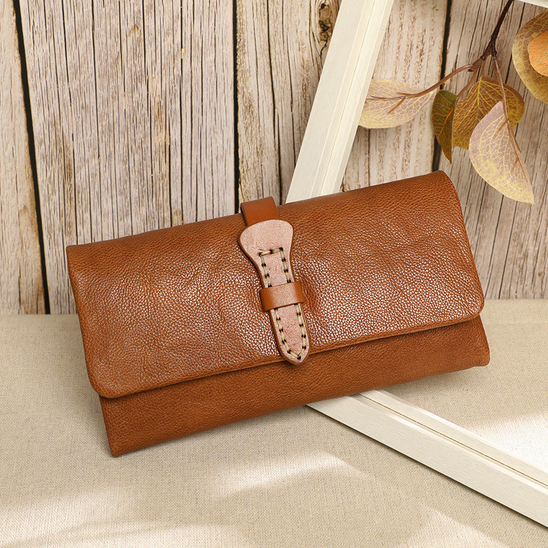 Original Retro Mobile Phone Wallet Women's Long Genuine Leather Drawstring Handmade First-Layer Cowhide Wallet Large Capacity Drop Shipping