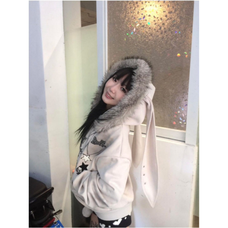 亚比兔耳连帽外套女秋冬季设计毛毛领宽松设计感小众加绒开衫上衣|undefined