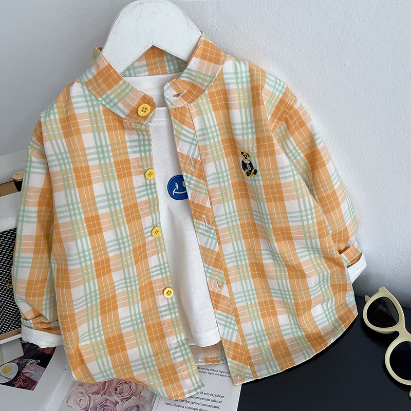 2025 primavera y otoño nueva ropa infantil para niños mangas largas camisa bordada de dibujos animados para niños delgada chaqueta transpirable a cuadros extranjeros