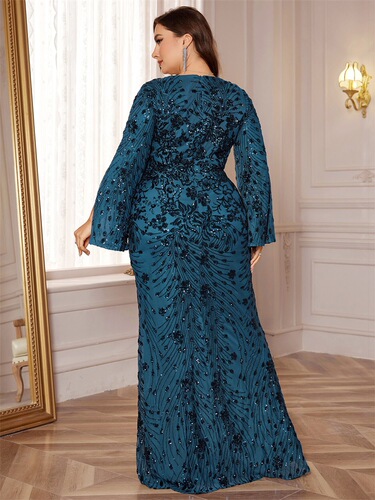 European and American large size new sequined long-sleeved evening dress for women's banquet temperament slim fishtail skirt long toasting dress