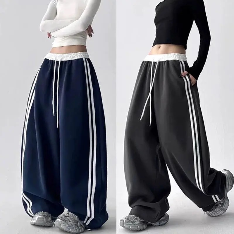 American-Style Striped Color-Block Wide-Leg Pants for Women, Spring 2026 New High-Waisted Loose Slimming Straight Casual Floor-Length Trousers