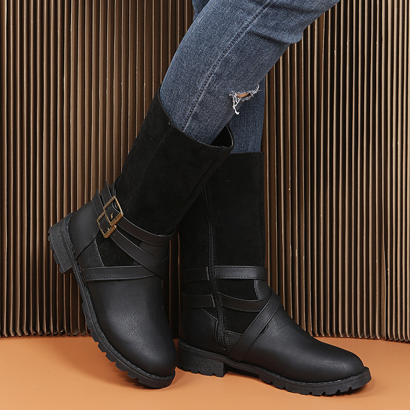 Damenschuhe, Martin-Stiefel mit mittlerer Röhre, Gürtelschnalle, runder Kopf, niedriger Absatz, Ritterstiefel mit seitlichem Reißverschluss, Lederstiefel_voghion.com