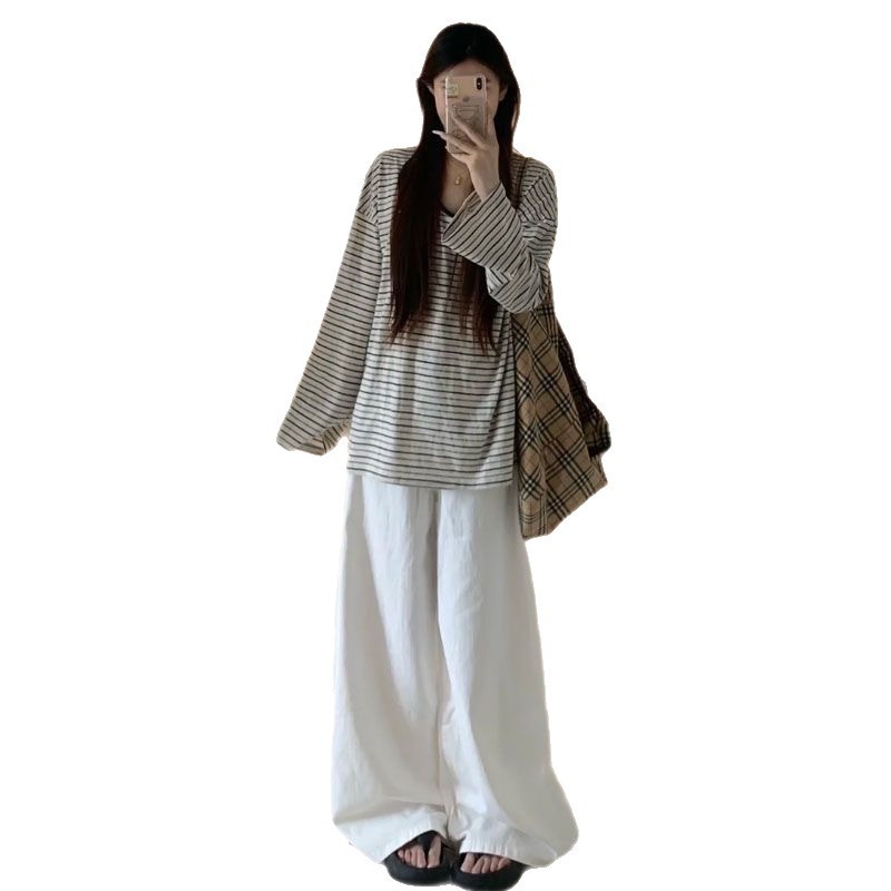 韩系穿搭条纹慵懒风长袖t恤衫女秋2025新款显瘦宽松chic百搭上衣|undefined