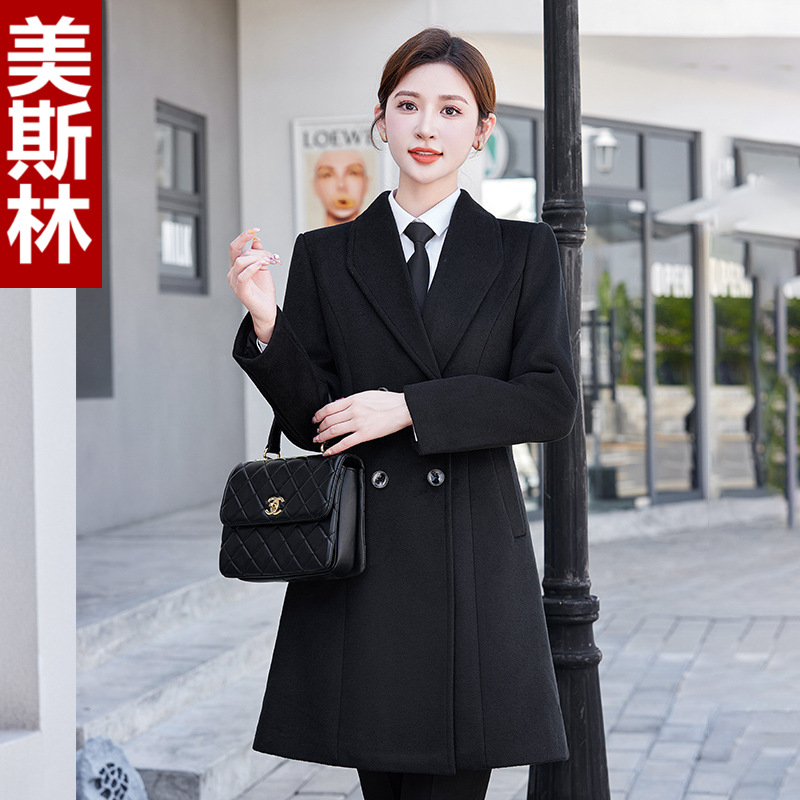 新款黑色职业装双排扣毛呢外套中长款4S酒店前台呢子大衣工作服冬