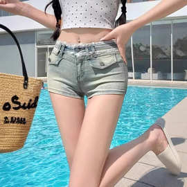 蕾丝拼接紧身牛仔超短裤女夏季美式辣妹包臀裤子百搭低腰直筒热裤