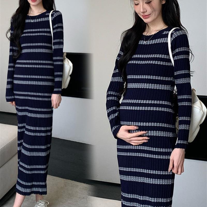 Maternity Wear 2025 Spring & Fall Hot Mom Knitted Long Skirt Slimming Look Belly-Covering Mid-Length Stripesd Dress Maternity Wear 2025 Spring & Fall Hot Mom Knitted Long Skirt Slimming Look Belly-Covering Mid-Length Stripesd Dress
