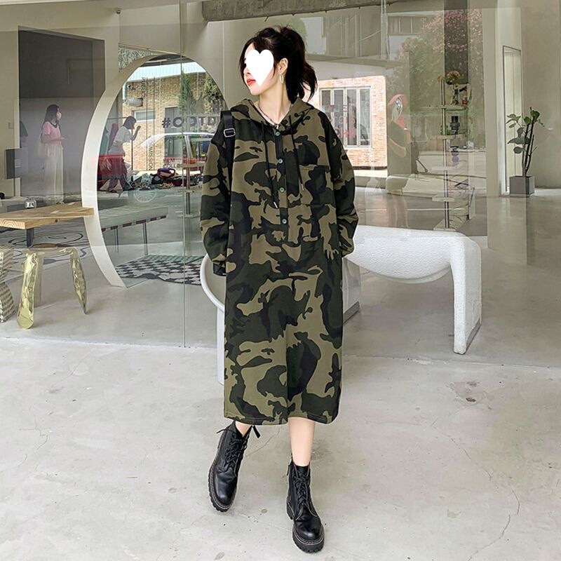 Fall dress women's extra large size 1.00 kg-150.00 kg new camouflage over-the-knee skirt plus size long sleeve hooded sweater skirt