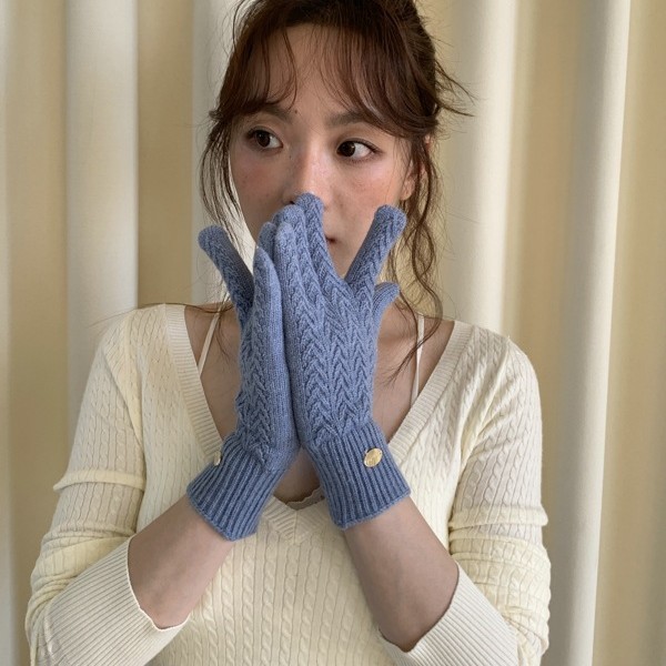 日韩系纯色手套女冬季毛线针织八字麻花秋冬骑车触屏漏手指手套|undefined