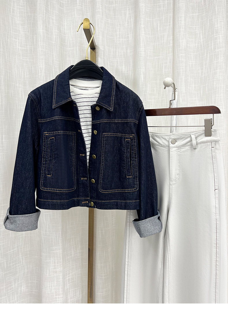 Áo khoác denim nữ phong cách cổ điển tay trễ vai dáng ngắn — màu xanh chi tiết 1