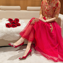 女鞋细高跟鞋跟婚纱伴娘中式2021新款春季红色水晶鞋年秀禾服