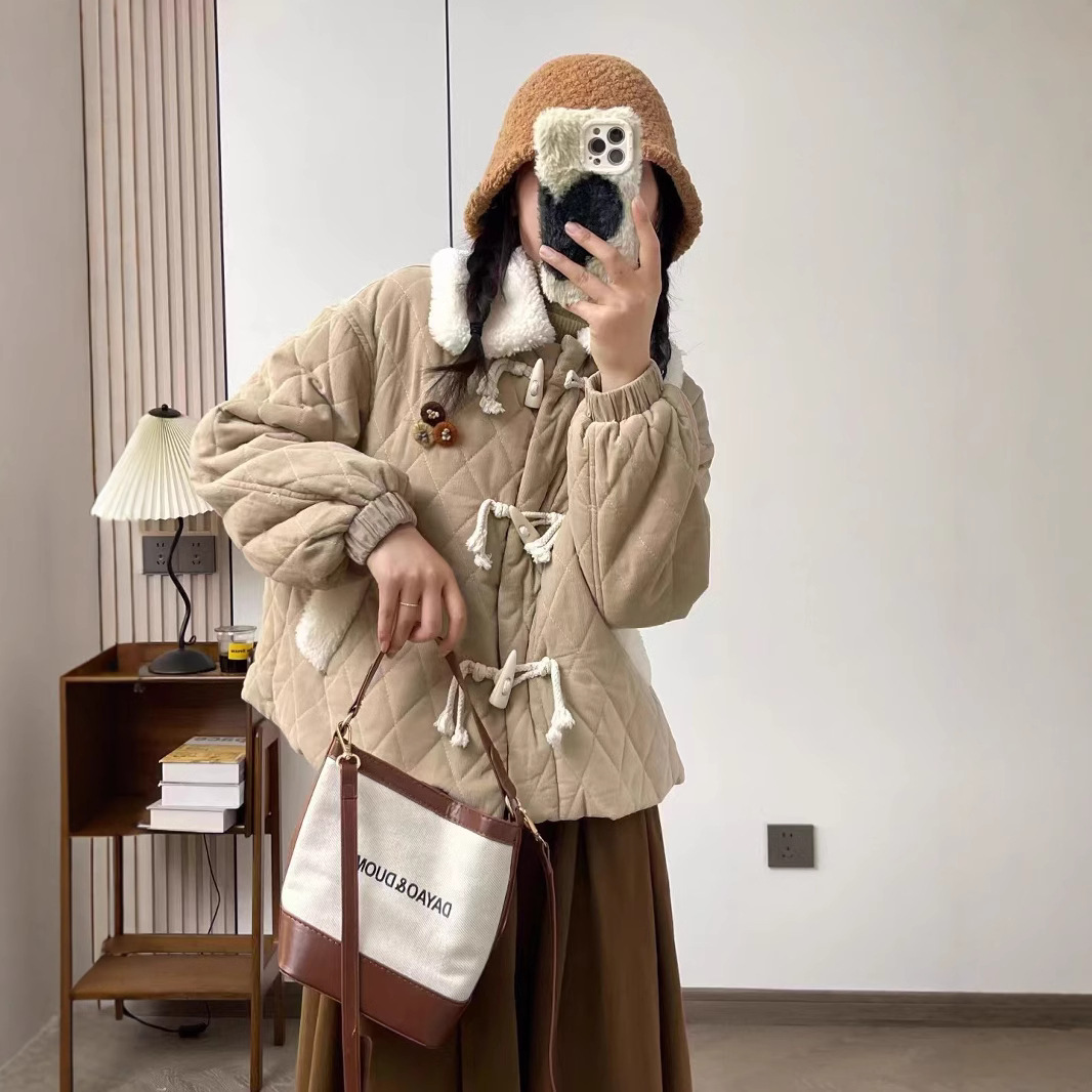 (2개) 빈티지 예술 양모 인형 칼라 코튼 코트 따뜻한 코튼 코트 가을과 겨울 새로운 코듀로이 짧은 코트 여성용 코듀로이 버클