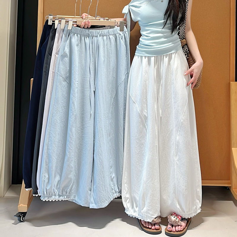 Casual Style Ruffled Lace Patchwork Wide-Leg Pants for Women, 2026 Summer New Loose Fit Slimming Petite Casual Pants