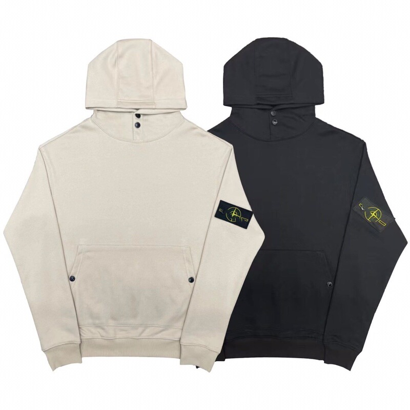 Cross-Border Stone Long-Sleeve Terry Button Hooded Sweatshirt Pullover Solid Color Badge Unisex Couple Island Warm Clothing