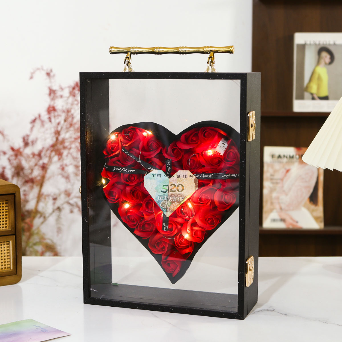 长方形520永生情人节之心爱心玫瑰花盒礼物手提七夕亚克力镜面