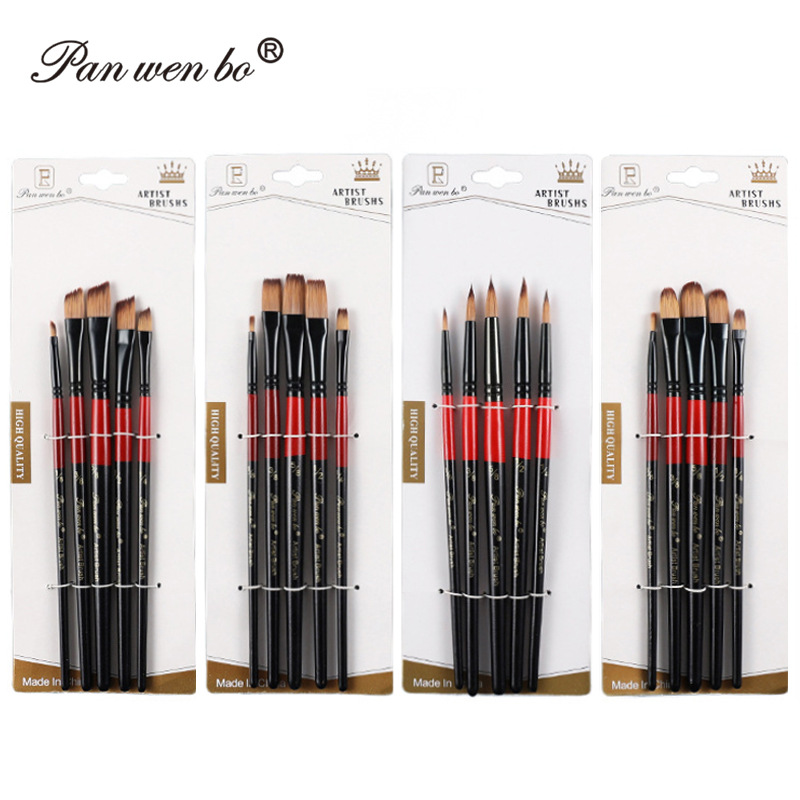 5支尼龙毛黑红相间杆画笔套装 水彩水粉笔刷 美术绘画丙烯画画笔
