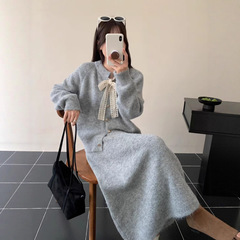 设计感系带毛衣开衫+半身长裙套装女秋冬新款宽松慵懒针织两件套