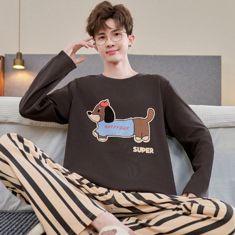 Men's Pajamas Spring and Autumn Pure Cotton Long-Sleeved Plus Size Youth Casual Can Go Out Autumn and Winter Loose Home Clothes