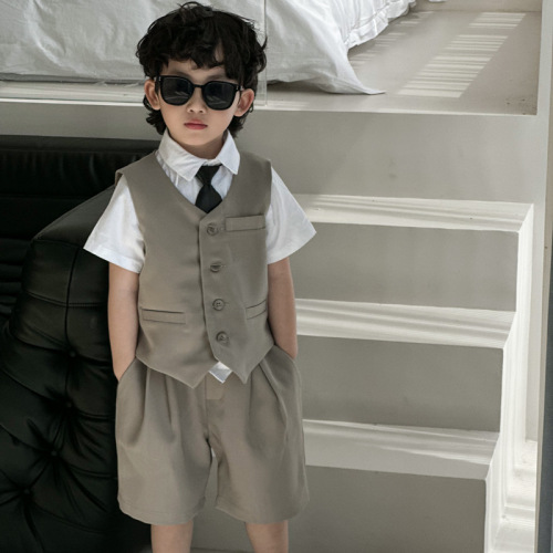 Boy's Vest Shorts Set 2024 Spring Summer New May Day Children's Performance Costume Kids' Korean Style Single Button Dress