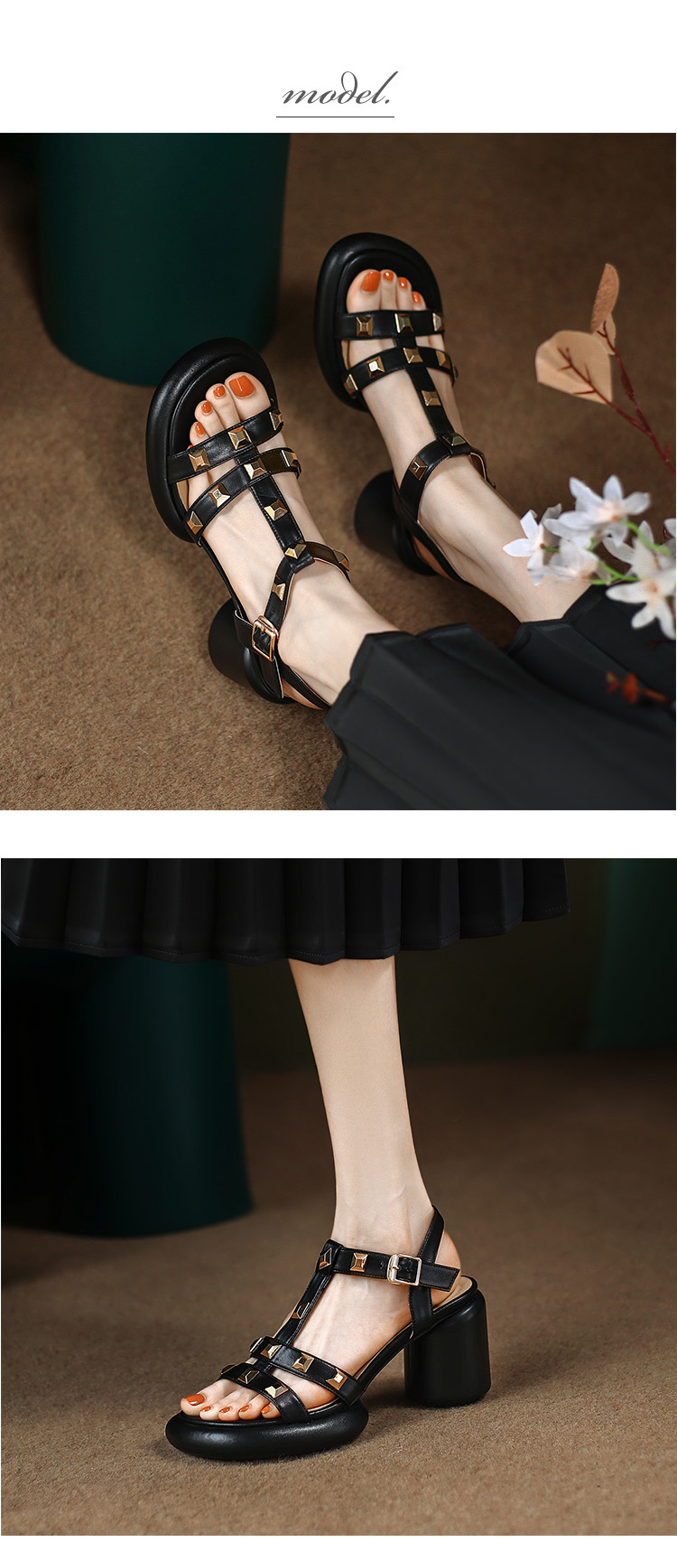 Sandal cao gót nữ mũi nhọn quai ngang đinh tán gót vuông 9 cm — màu đen, màu trắng ngà, màu vàng chi tiết 9