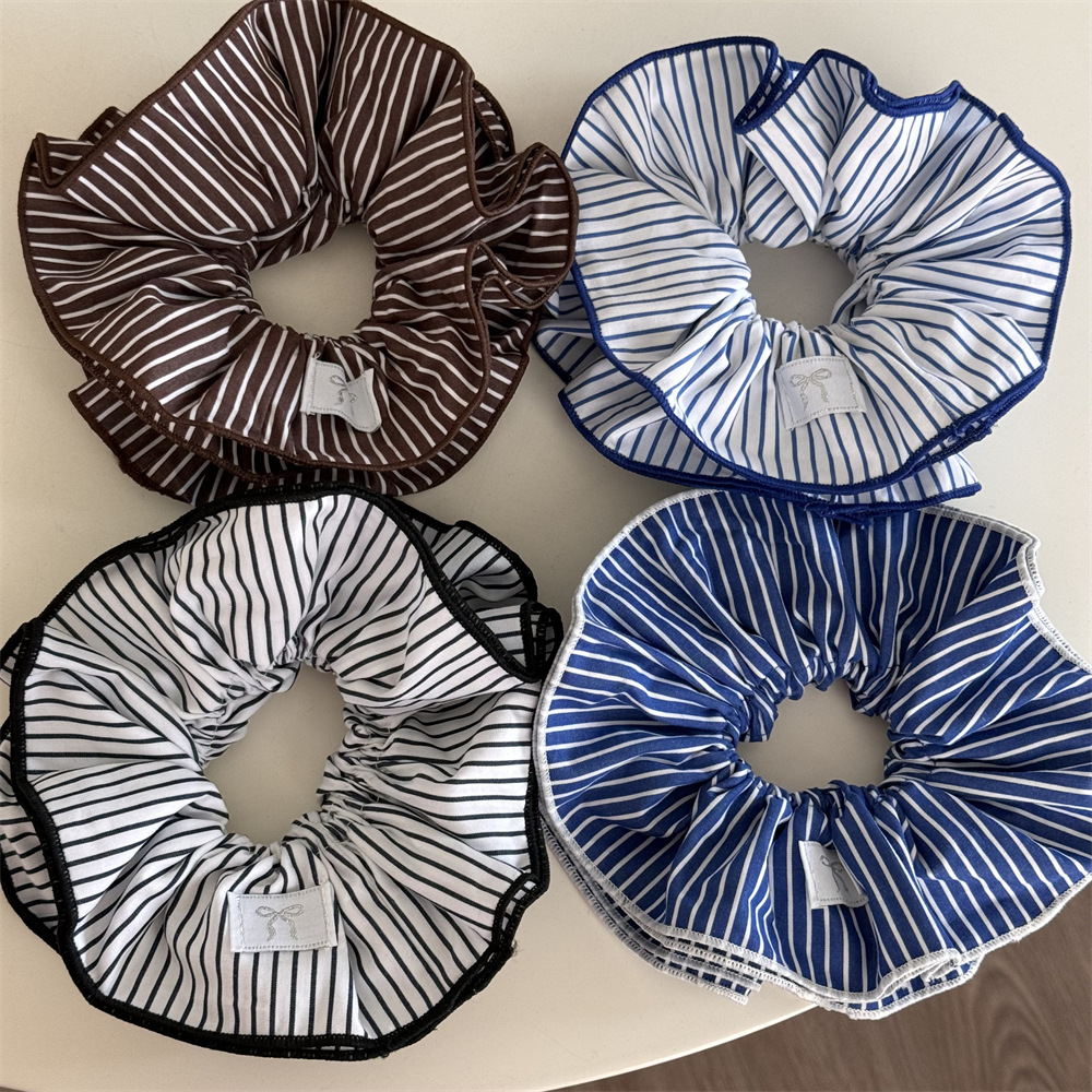 Südkorea Neue Blau Gestreiften Doppel-schicht Dickdarm Haar Ring Süße Internet Zelebrant Gleichen Stil Frische Stil Headwear Alle-spiel Haar Zubehör_voghion.com