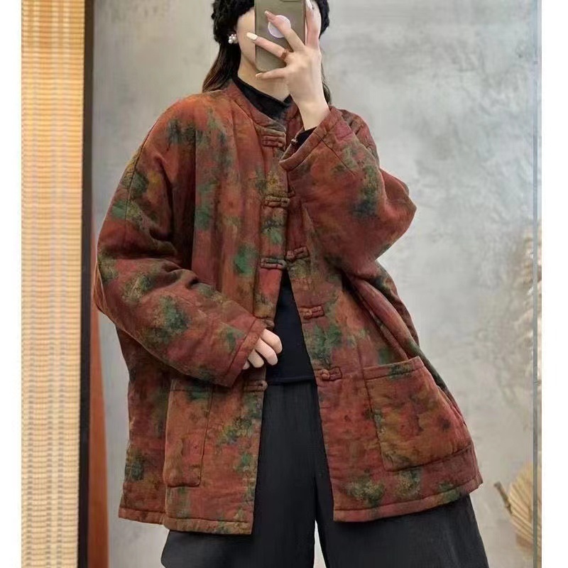 复古印花夹棉加厚棉袄外套女2025年冬季新款宽松休闲舒适保暖棉服|undefined