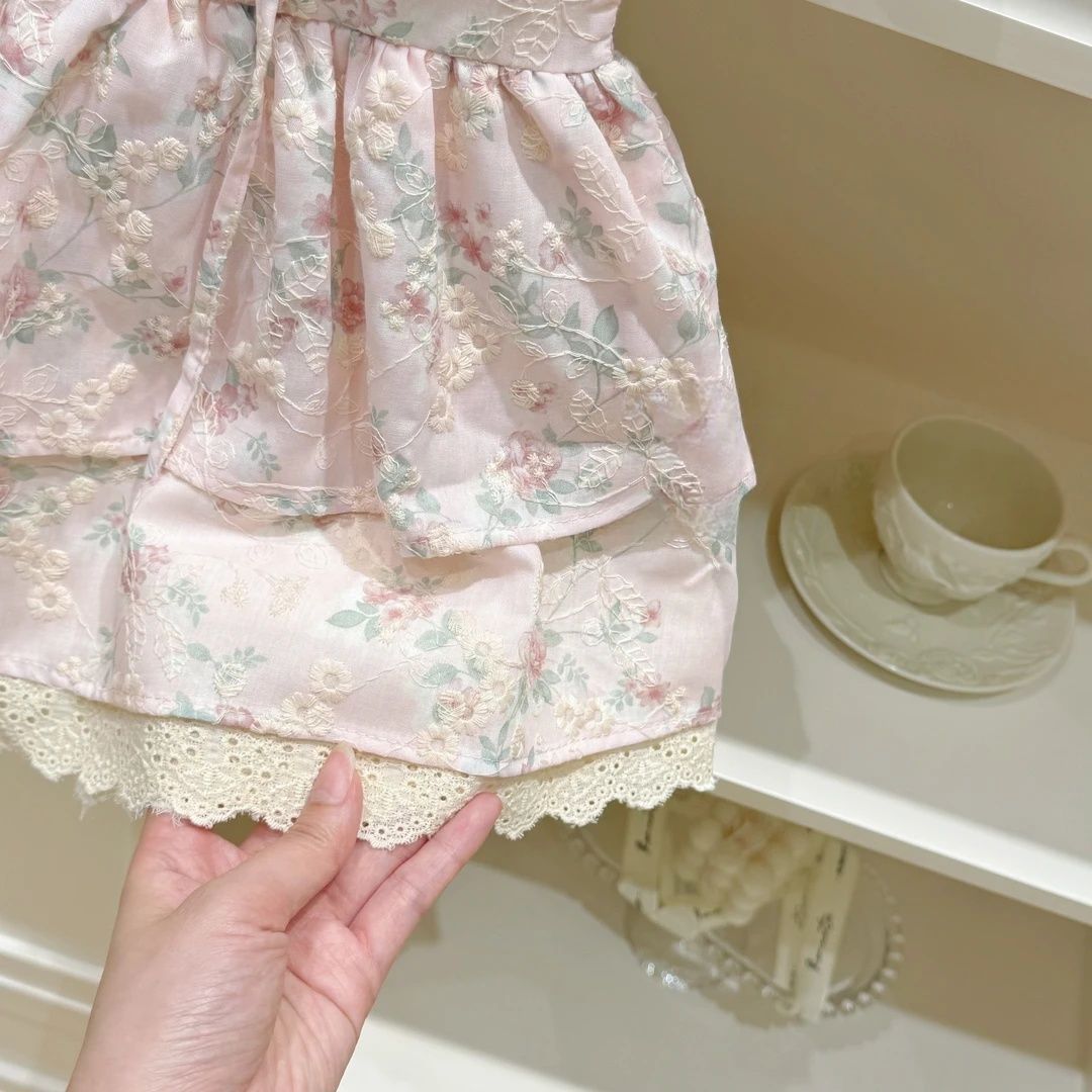 Vestido floral de verano para siete niñas con limón salado, nuevo vestido de cabestrillo de estilo occidental para bebés, vestido de princesa de encaje con mangas voladoras de verano