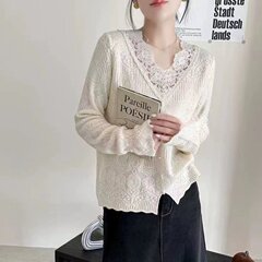 フランスvネックレースニット女性2025春の新しいファッション気質減齢上着