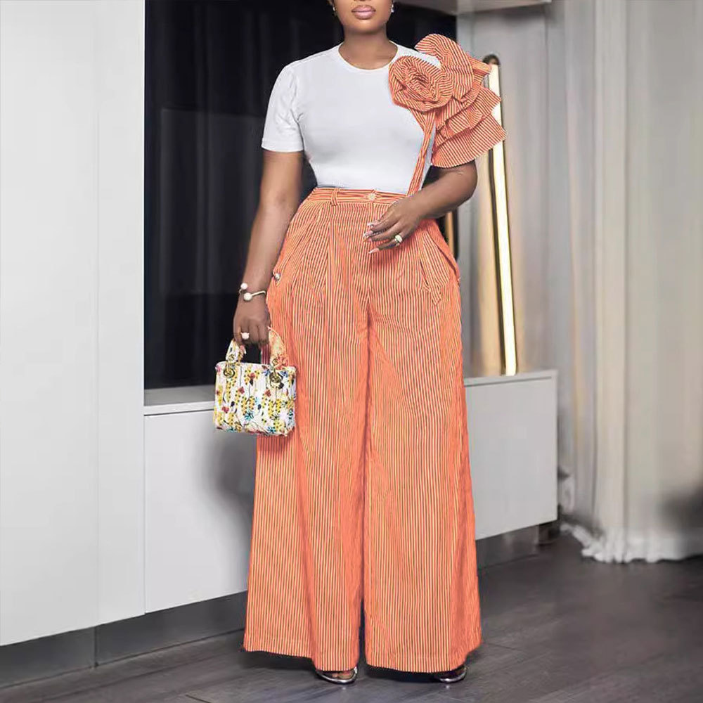 Round Neck Short Sleeve Striped Contrast Color Wide Leg Pants Two Piece Sets