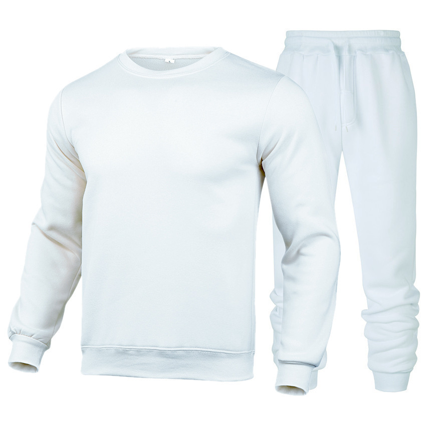 2021跨境男士运动卫衣加绒加厚纯色运动套装圆领卫衣小脚裤两件套