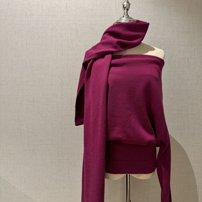 Yimeng*Take a Month of Homemade* Scarf Knitwear 50% Wool Off-Shoulder Rose Purple Oatmeal Knitwear