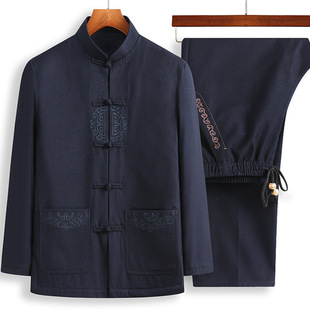 Old Tang suit dad men's coat Zhongshan suit Grandpa autumn and winter birthday Chinese style fleece-lined cotton-padded coat suit
