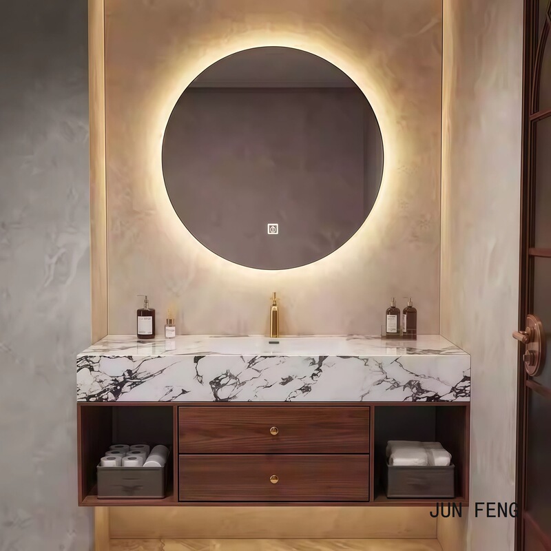 Vintage-Style Bvlgari Stone Seamless Basin Multi-Layer Solid Wood Bathroom Cabinet Set Washbasin Cabinet Combination