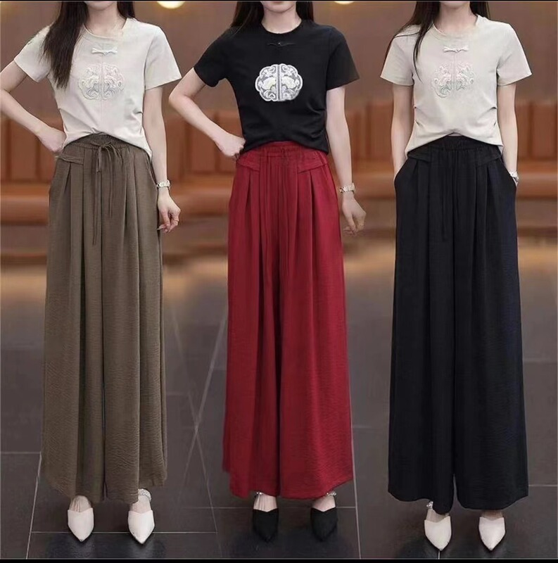 New ice silk wide-leg pants 2024 spring popular mom wear plus size casual loose slimming Yamamoto pantskirt